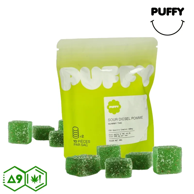 Acheter En Ligne GUMMIES PUFFY YUMMY SOUR DIESEL POMME CBD 250MG - DELTA 9 250MG
